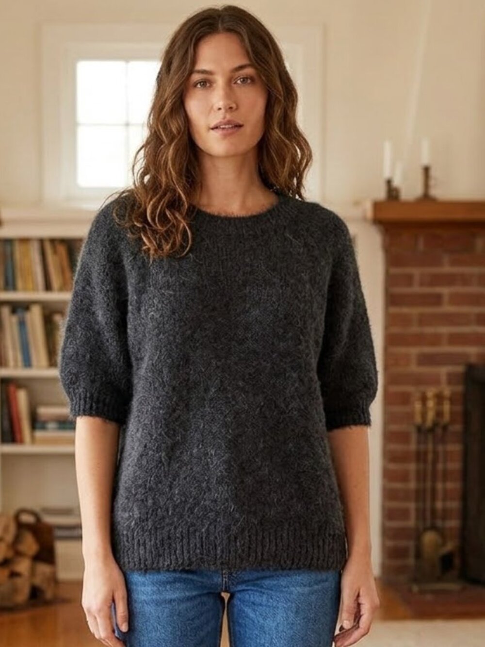 *3 FOR $9* Matty M Short Sleeve Knit Solid Dark Furry Soft Sweater Top Shirt M